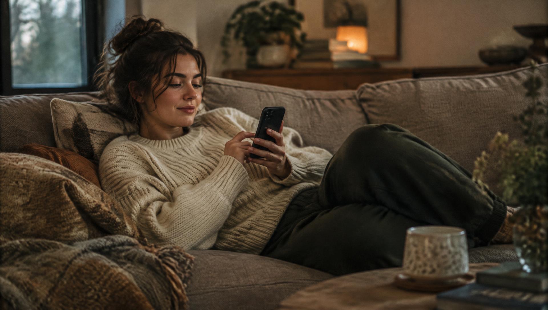 Woman relaxing on a sofa holding her phone